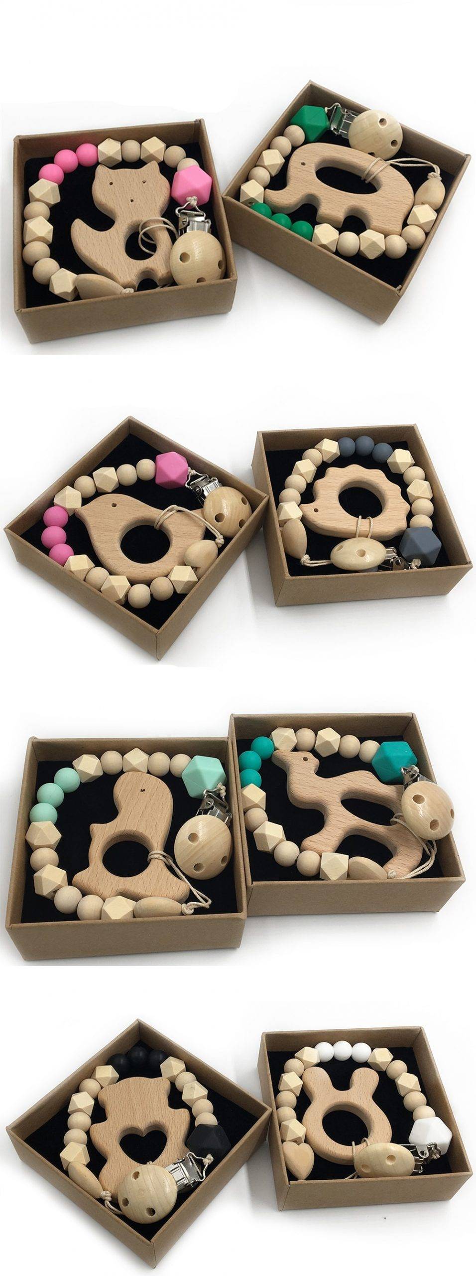 Animal Shaped Organic Wood Baby Teether with Grasping Toy 2 pcs Set