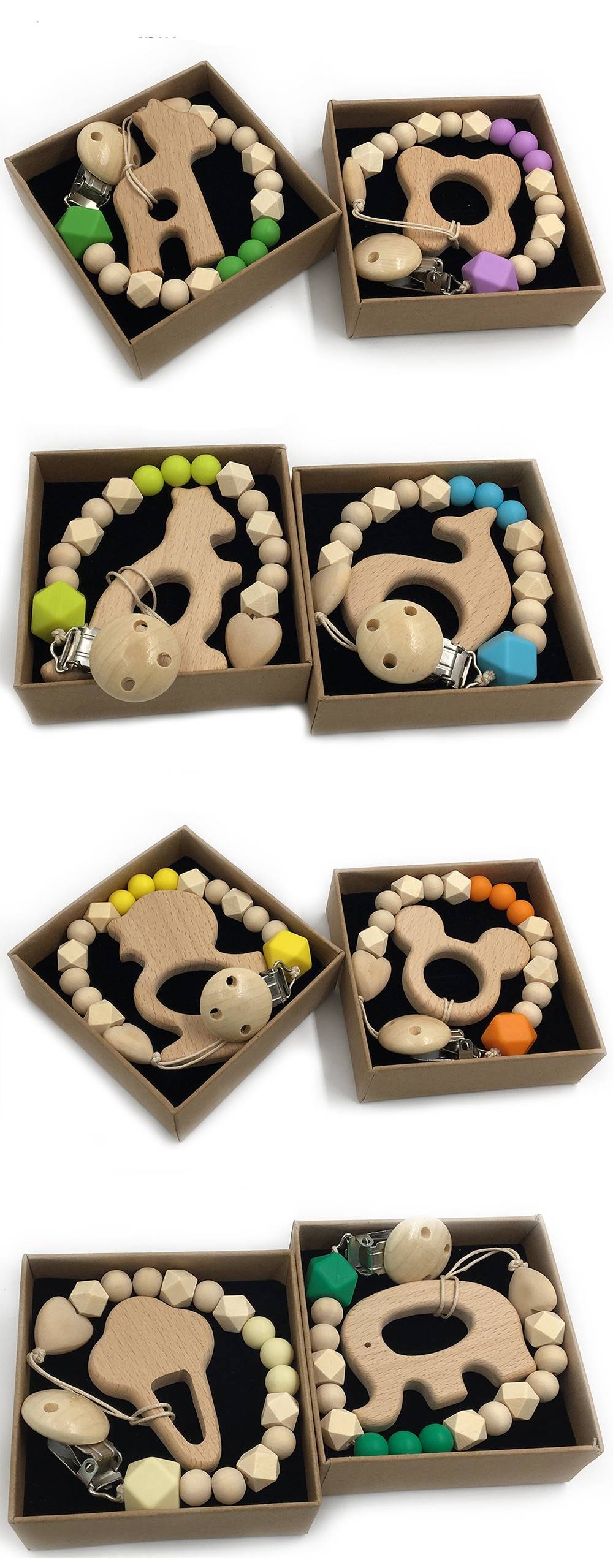 Animal Shaped Organic Wood Baby Teether with Grasping Toy 2 pcs Set