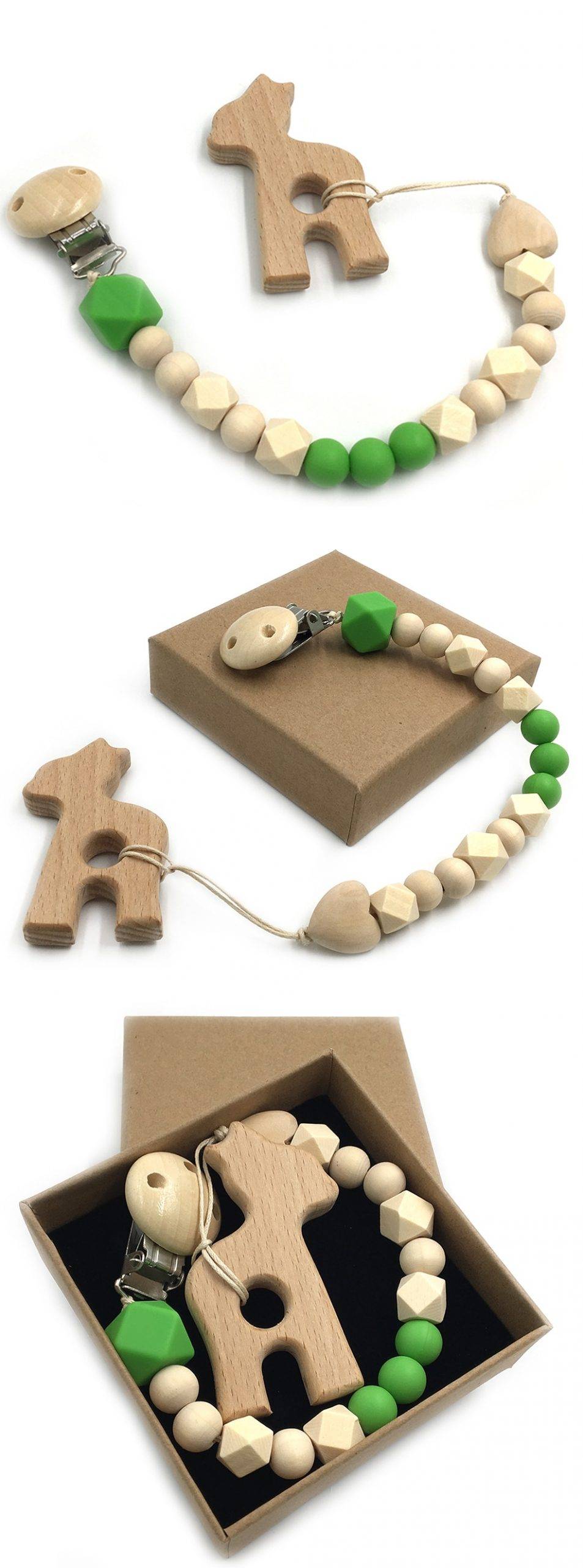 Animal Shaped Organic Wood Baby Teether with Grasping Toy 2 pcs Set