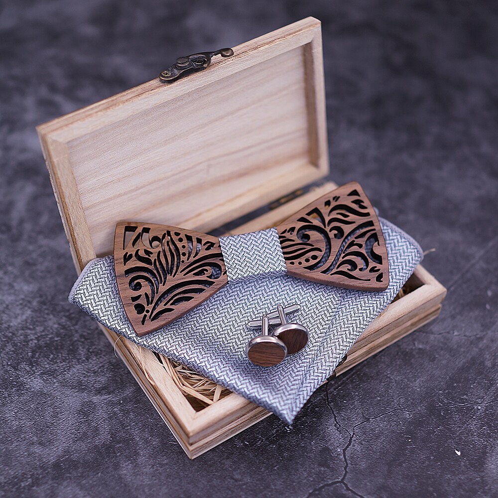 Carved Wooden Bow Tie with Cufflinks